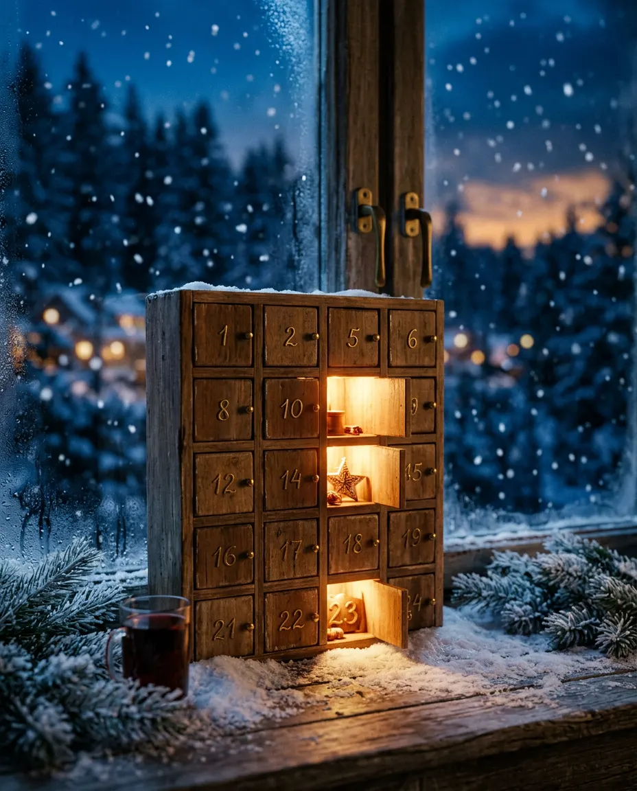 A wooden advent calendar glowing on a snowy windowsill