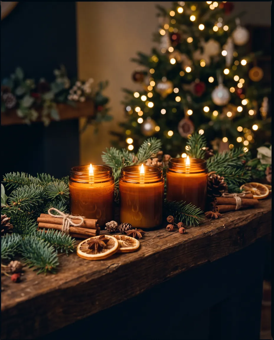Three glowing soy candles in amber jars on a mantel with evergreen sprigs and cinnamon sticks