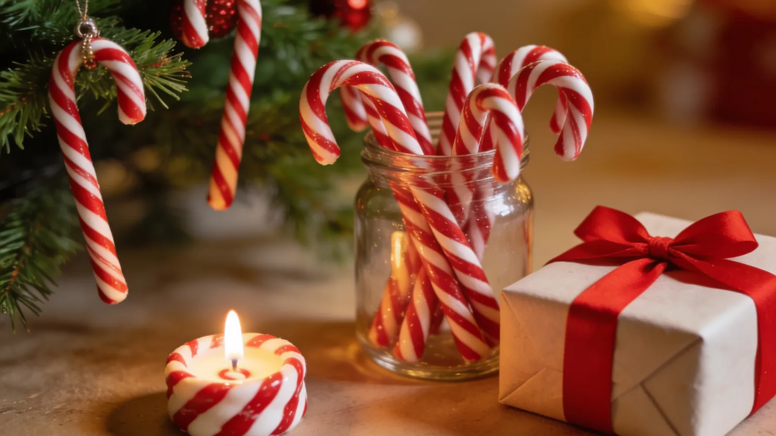 Red and white candy canes in a jar and hanging on a tree branch beside a candle and a ribboned gift