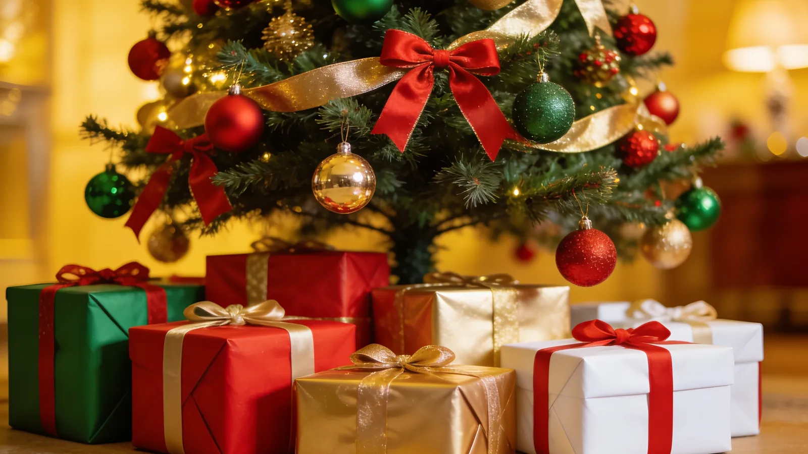 A Christmas tree with red, green and gold ornaments and gifts wrapped in matching colors