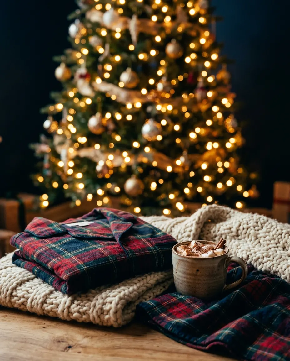 Plaid pajamas, a knit blanket and cocoa in front of a glowing Christmas tree