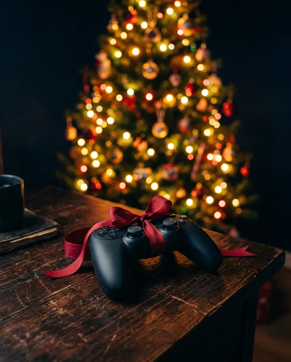 A game controller tied with a red ribbon on a wooden desk in front of a glowing tree