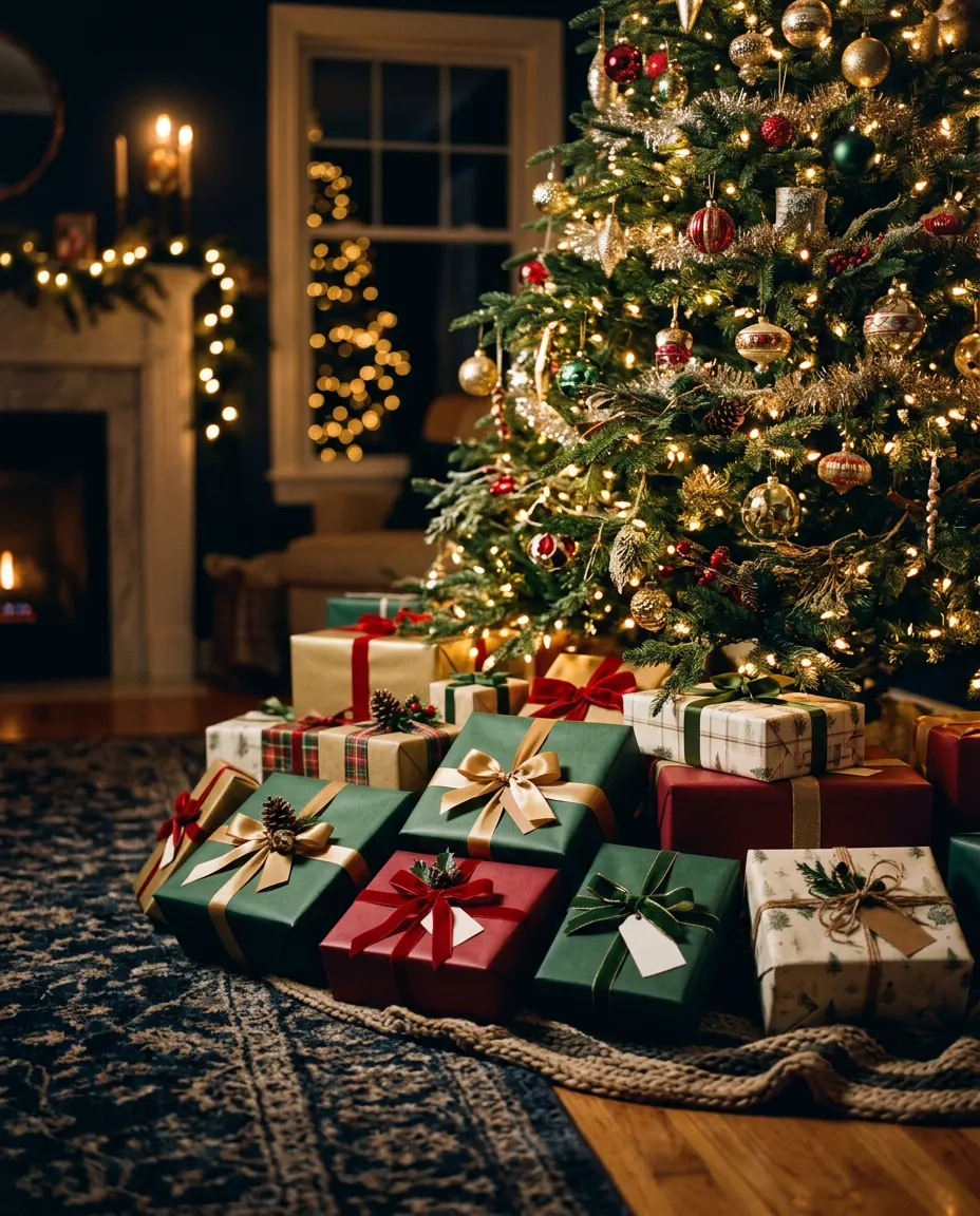 A pile of wrapped gifts in green, cranberry and gold under a glowing Christmas tree