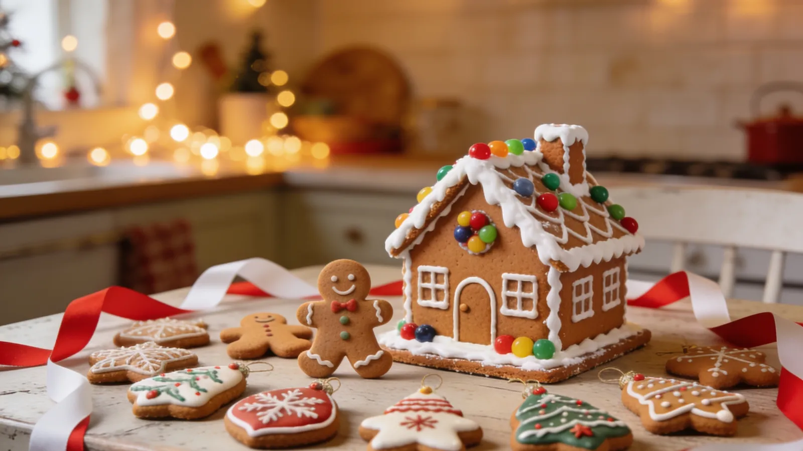 A small gingerbread house, gingerbread cookies and painted ornaments on a rustic table with red and white ribbon
