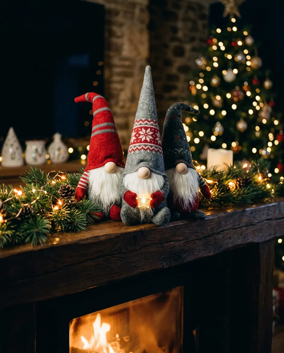 Three Christmas gnomes in felt hats on a mantel with pine garland and lights