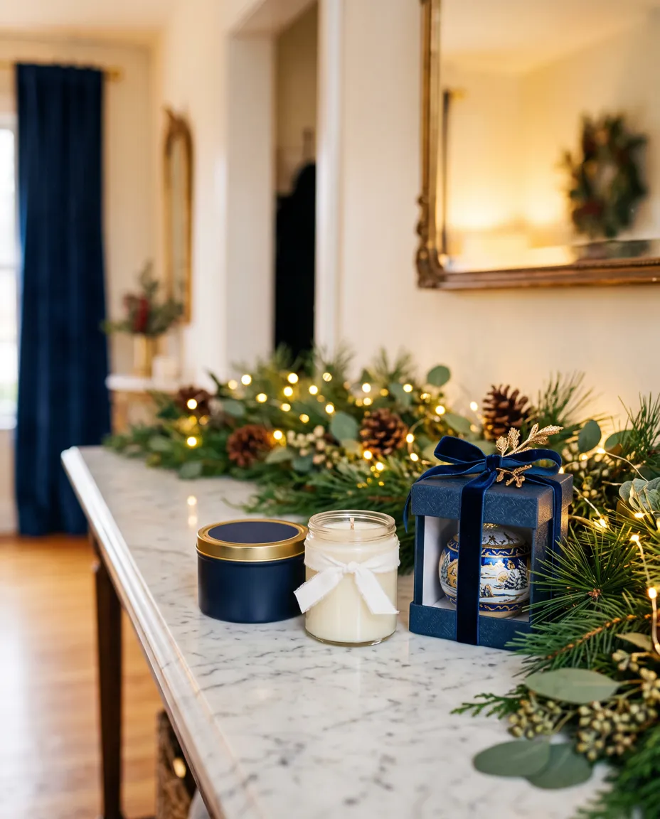 A soy candle, a tin of tea and a boxed glass ornament tied with velvet ribbon on a marble table with pine garland
