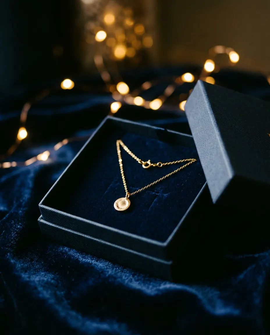 A gold pendant necklace in an open gift box on navy velvet