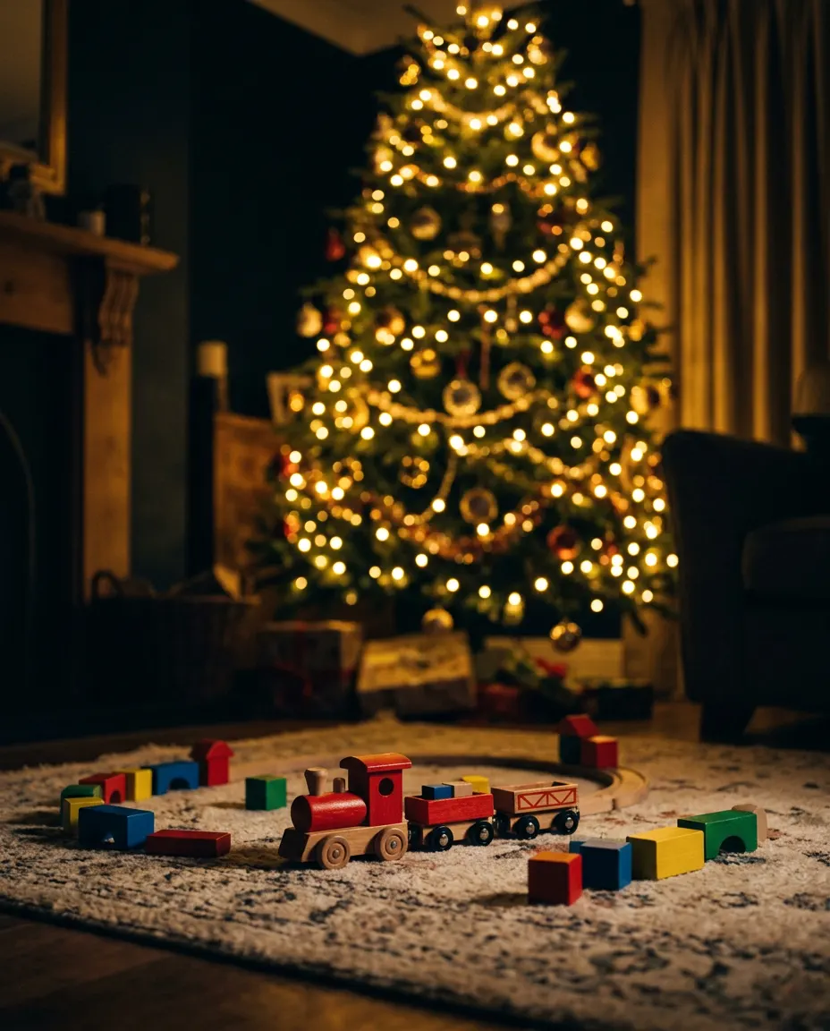 A small red wooden train and building blocks on a rug under a glowing Christmas tree