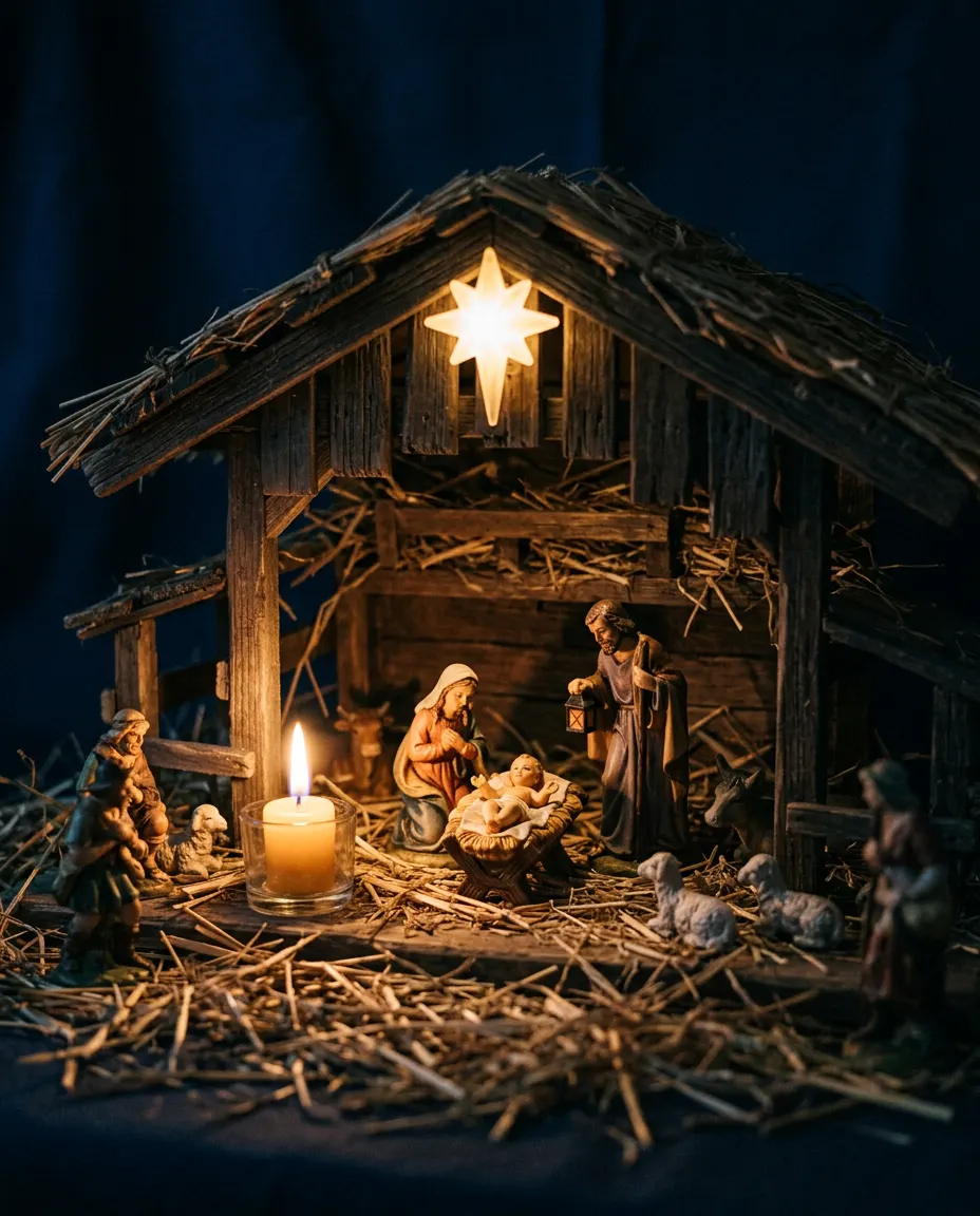 A candlelit nativity scene in a rustic wooden stable