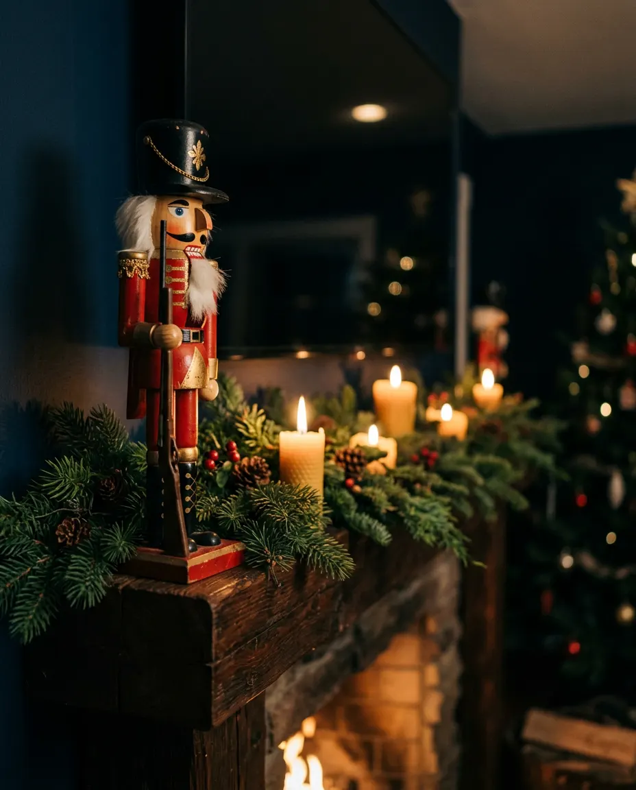 A red and gold nutcracker on a mantel with candles and garland
