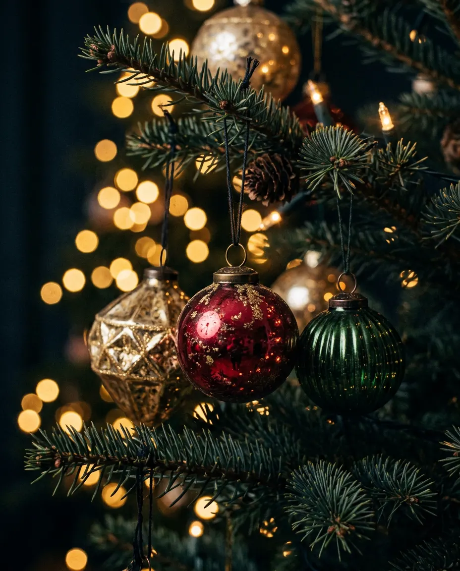 Red, gold and green glass ornaments on a fir branch