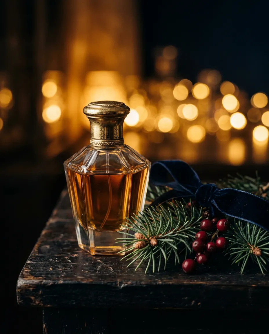 A glass perfume bottle beside pine sprigs, berries and a velvet ribbon