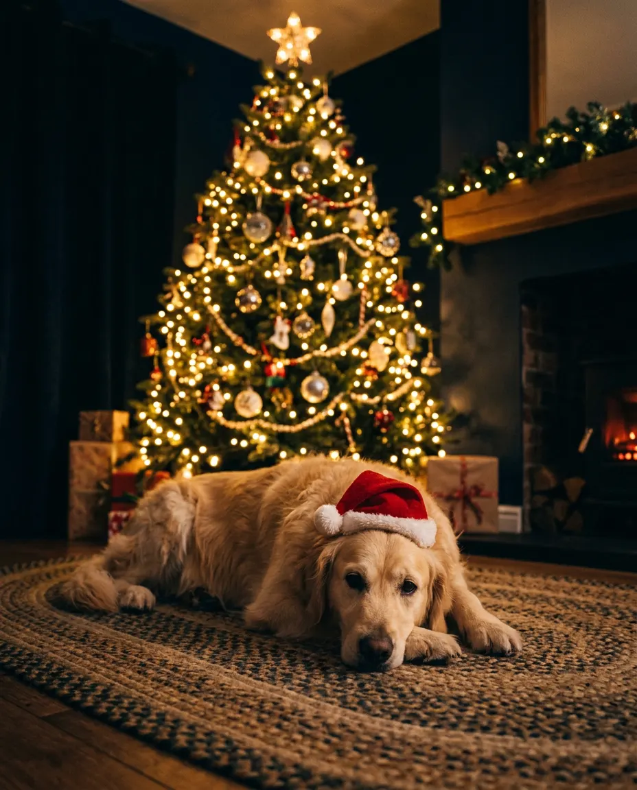 A golden retriever in a Santa hat resting in front of a glowing Christmas tree