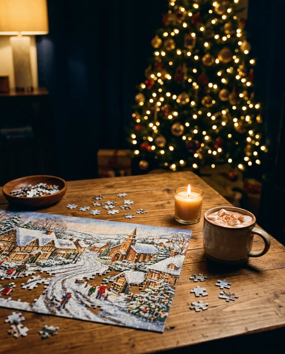 A half-finished winter village jigsaw puzzle with cocoa and a candle