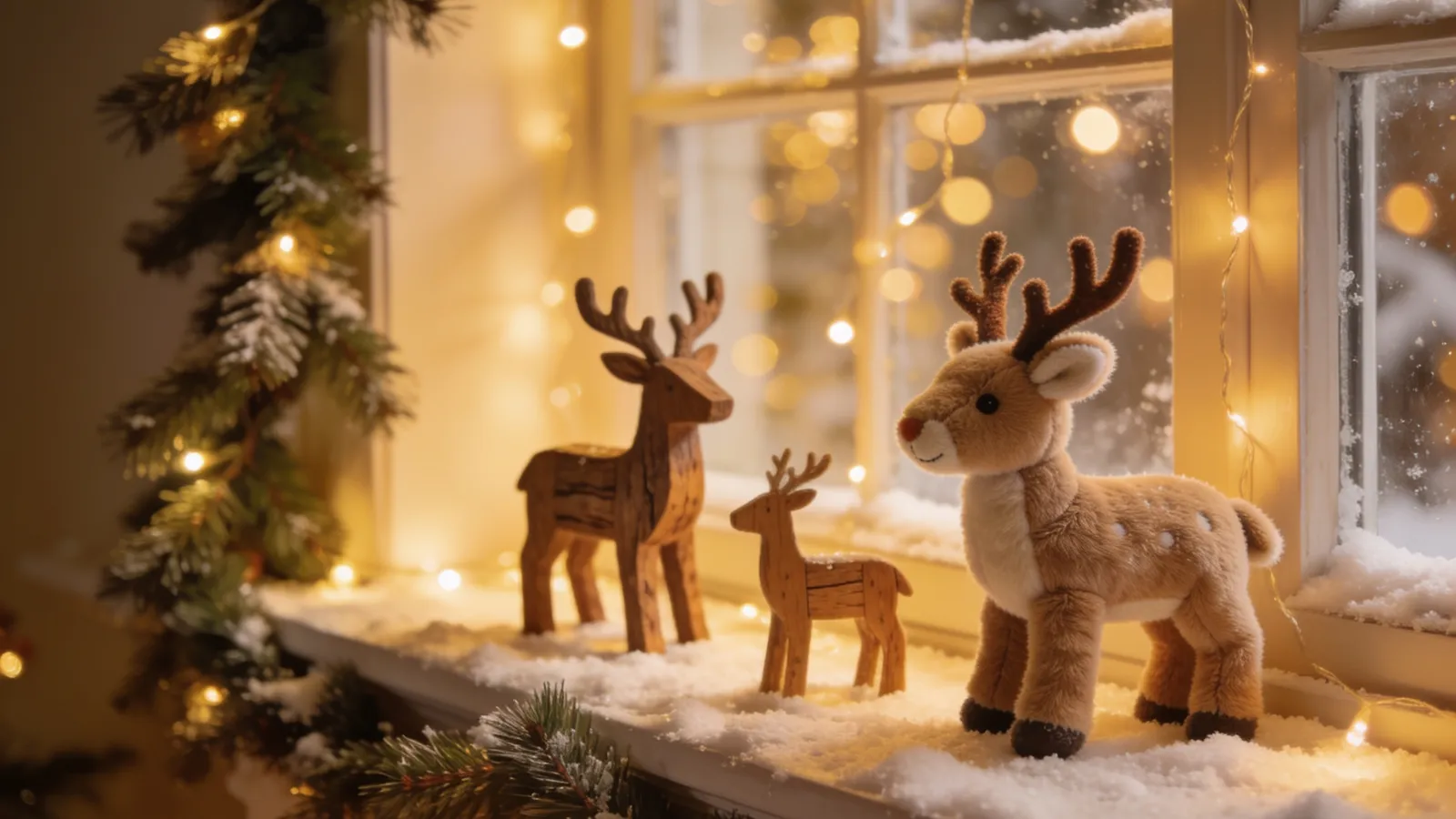 Wooden and plush reindeer figures on a snowy mantel with pine garland and golden lights