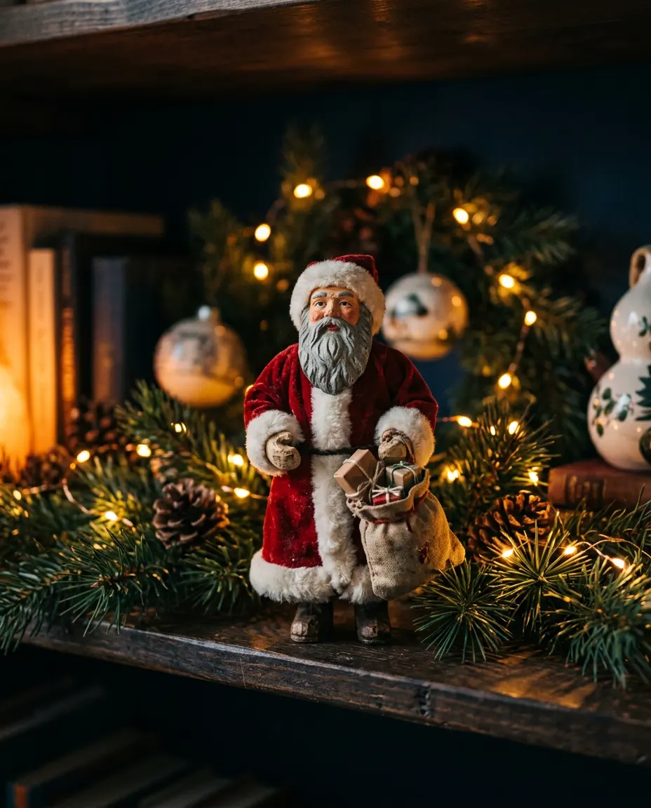 A vintage Santa figurine holding a sack among pine branches and lights