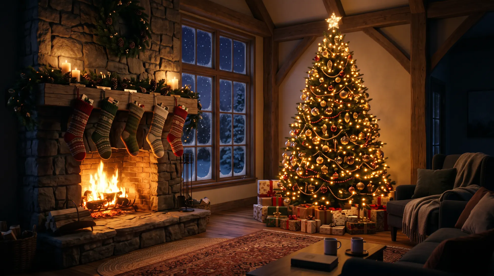 A living room on Christmas Eve with a stone fireplace, knit stockings and a glowing Christmas tree
