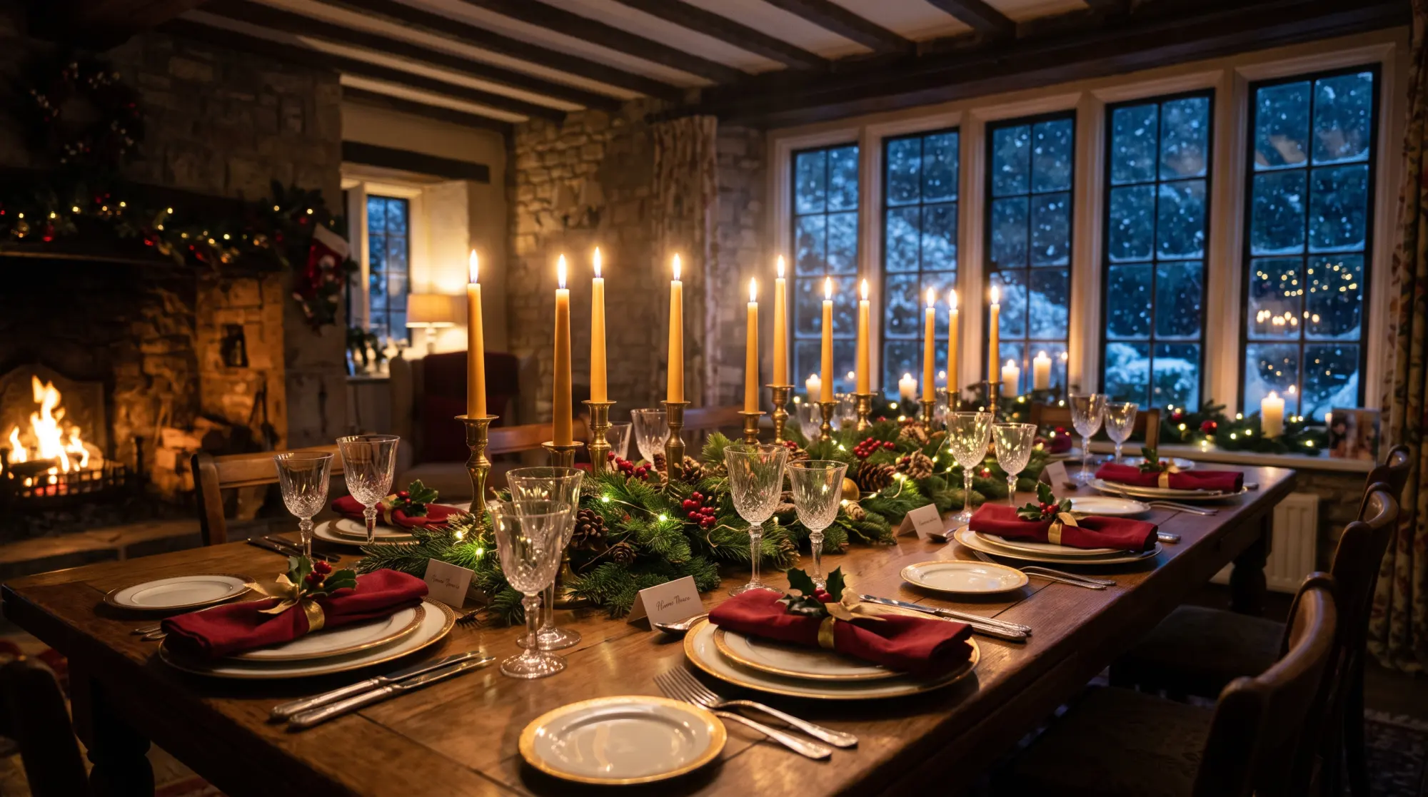 A candlelit table set for Christmas dinner with cranberry napkins and an evergreen centerpiece