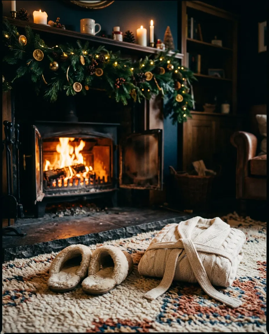 Plush slippers and a folded robe on a rug by a crackling fire