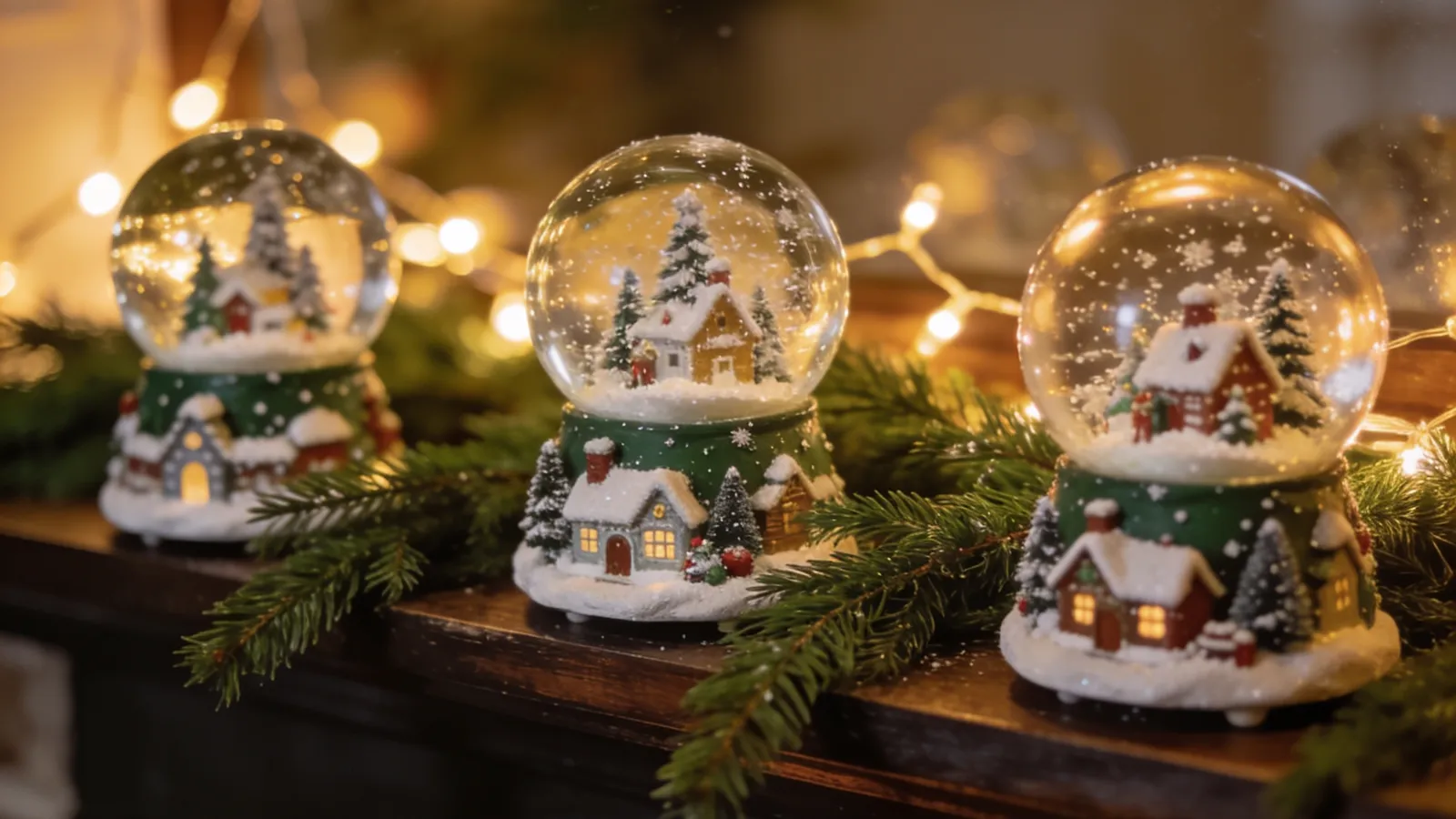 Three glass snow globes with tiny winter villages on a dark mantel beside evergreen sprigs and warm lights