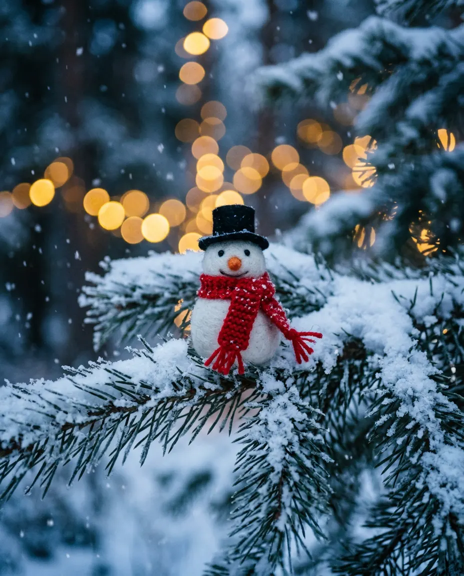 A snowman ornament with a red scarf on a snowy pine branch
