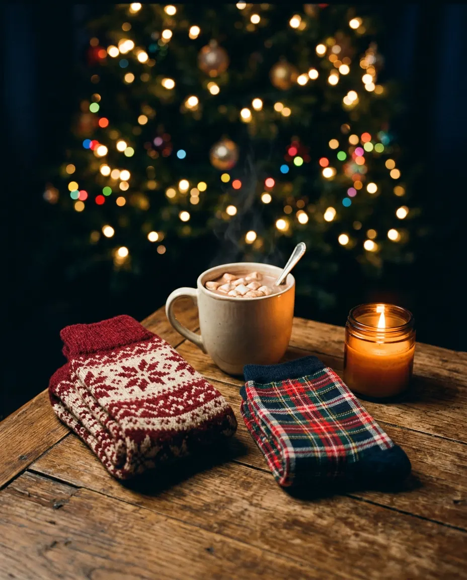 Knit and plaid Christmas socks beside a mug of cocoa and a candle