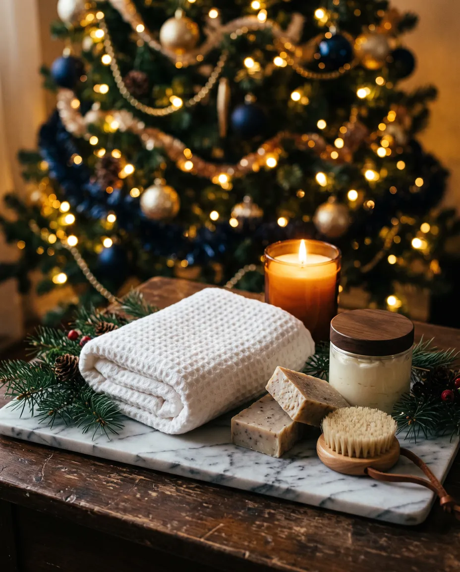 A folded towel, bar soaps and a jar of body cream on a marble tray with pine sprigs