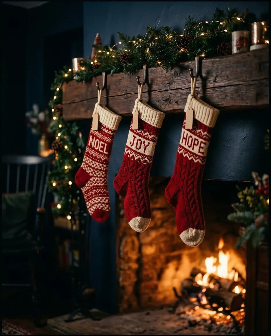 Three red knit stockings hanging from a mantel beside a fire