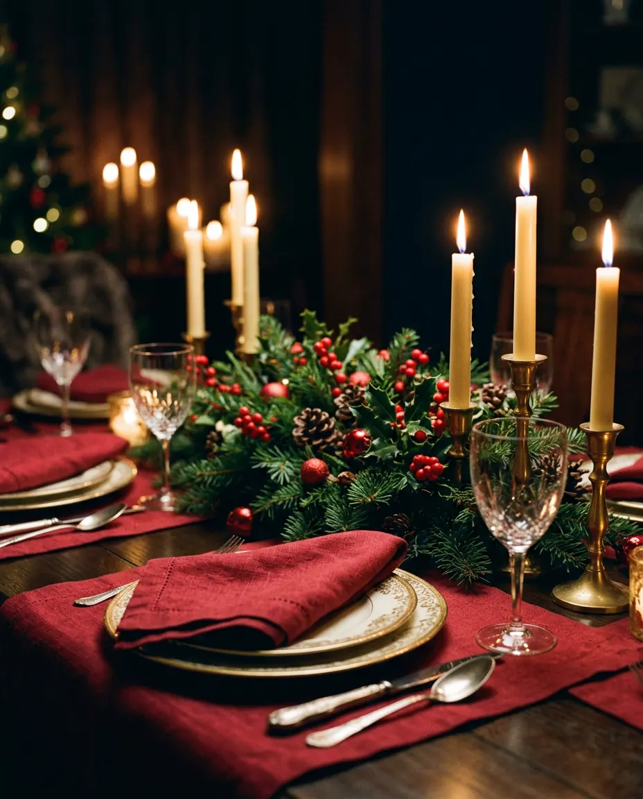 A candlelit Christmas table with cranberry napkins and an evergreen centerpiece