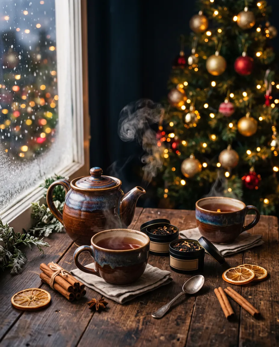A teapot and cups with loose-leaf tea tins, cinnamon and orange slices beside a snowy window