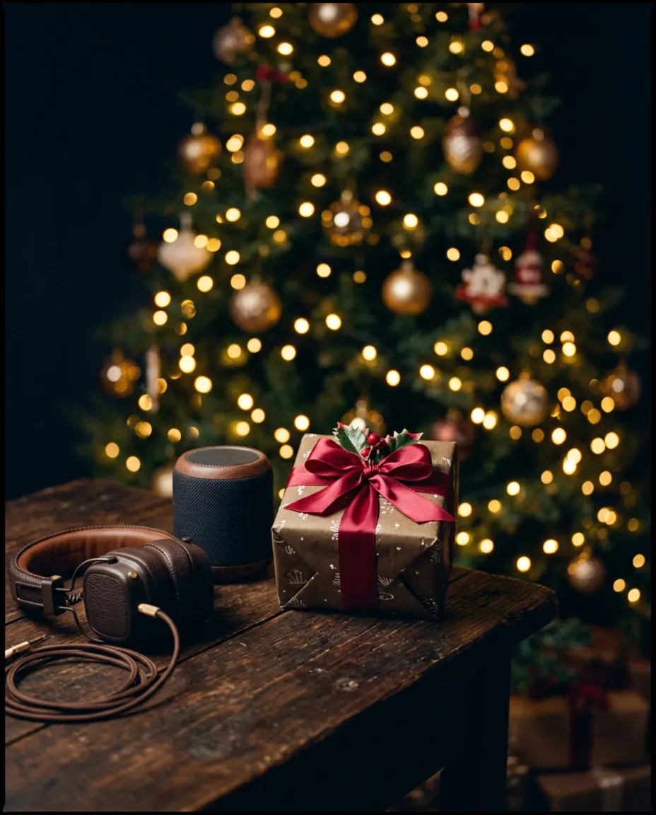 Headphones and a speaker beside a gift tied with cranberry ribbon, with tree lights behind
