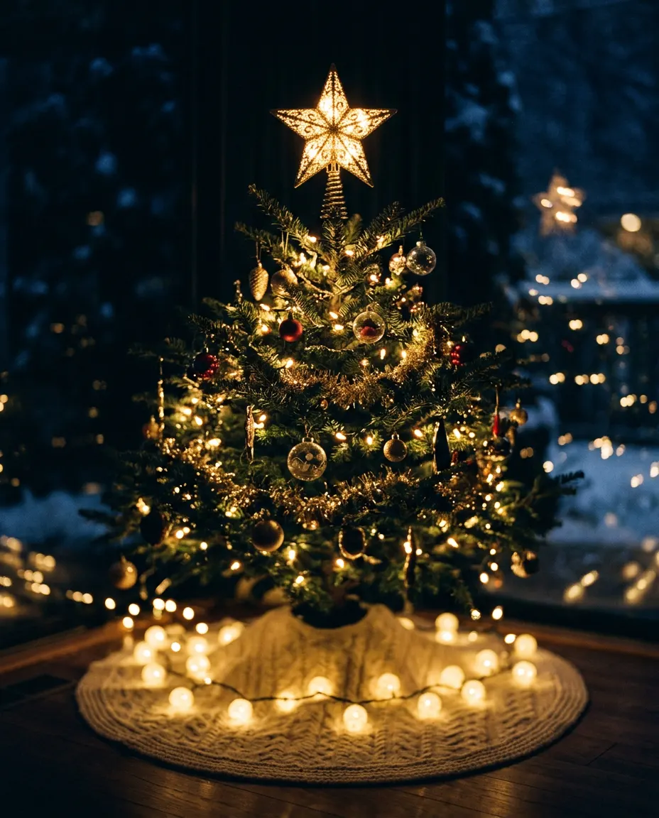 A gold star tree topper glowing above a cream tree skirt ringed with lights