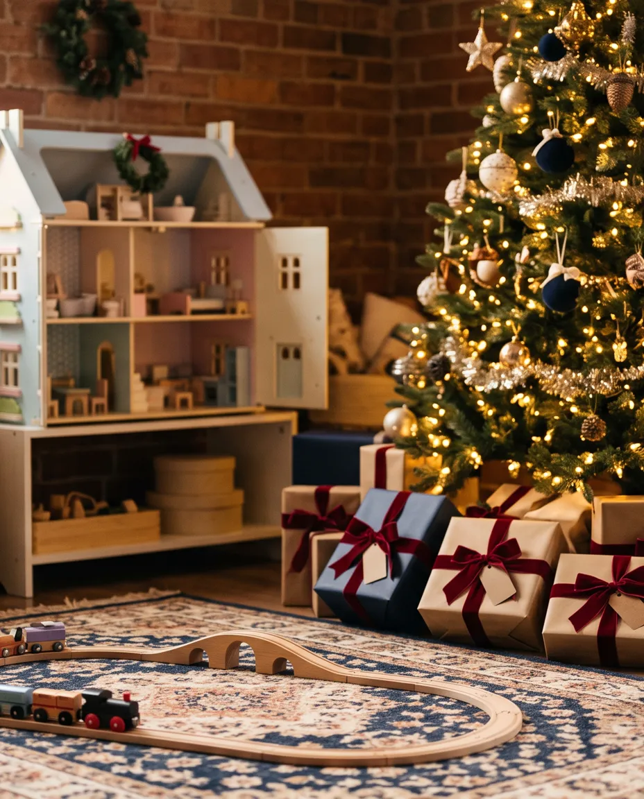 A wooden play kitchen, dollhouse and train set in a playroom beside a glowing Christmas tree