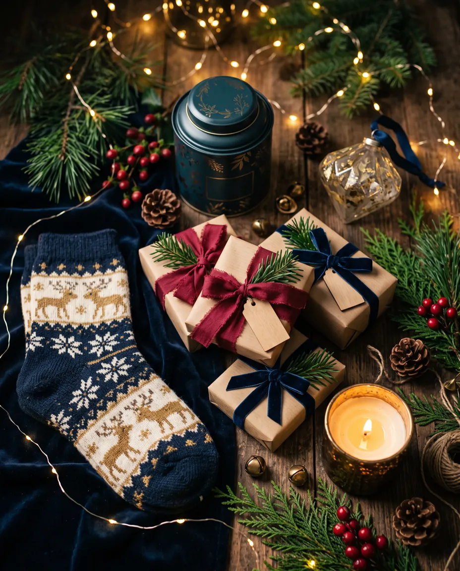 Small wrapped Christmas gifts with a candle, tea tin, festive socks and an ornament on a wooden table