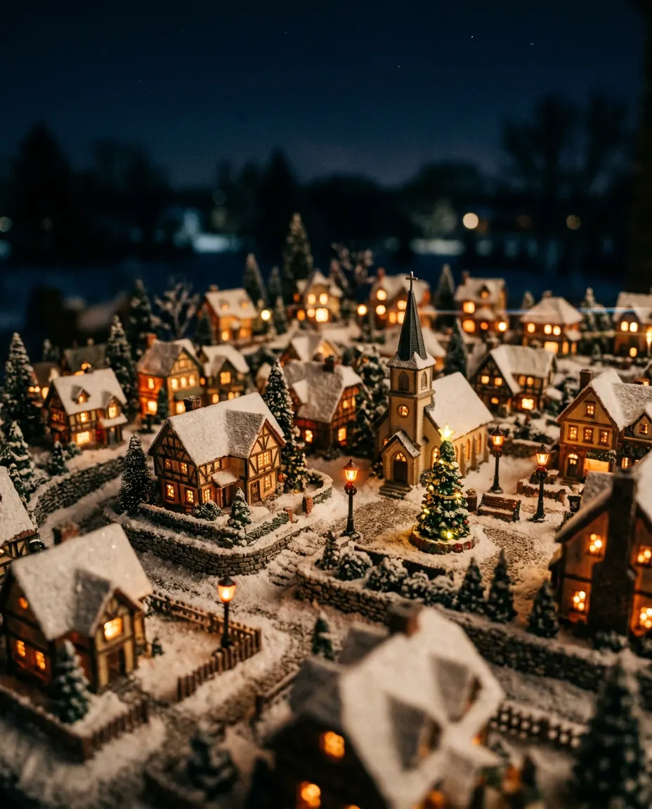A miniature Christmas village glowing at night in the snow