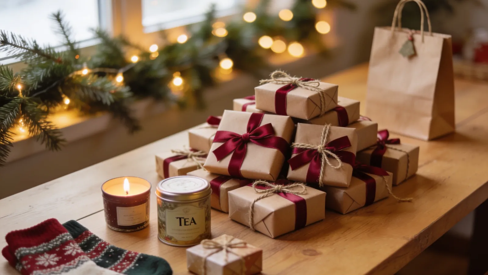 A wooden table piled with small kraft-wrapped gifts tied with cranberry ribbon, beside a candle, a tea tin and festive socks