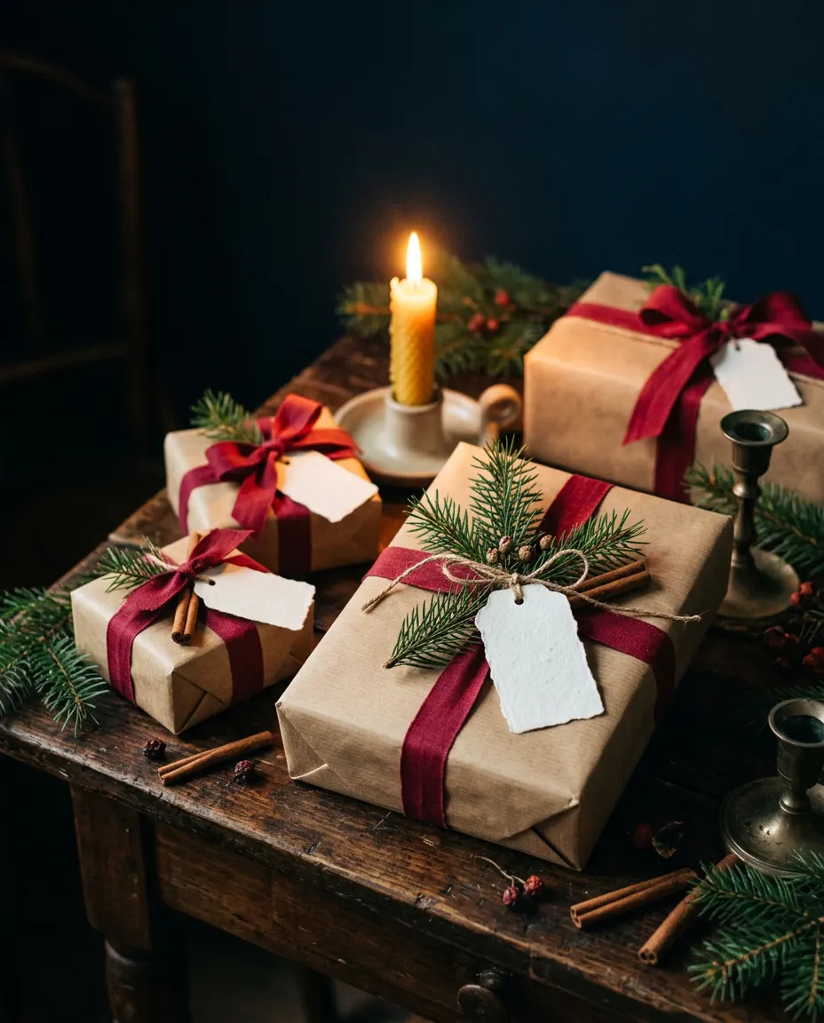 Kraft-wrapped gifts with cranberry ribbon, pine sprigs and a candle