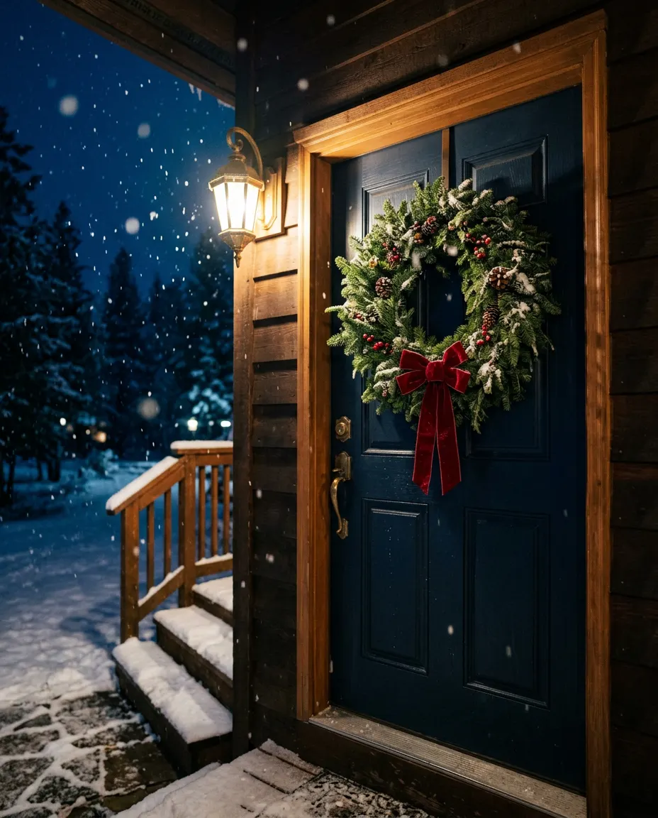 An evergreen wreath with a red ribbon on a navy front door in the snow