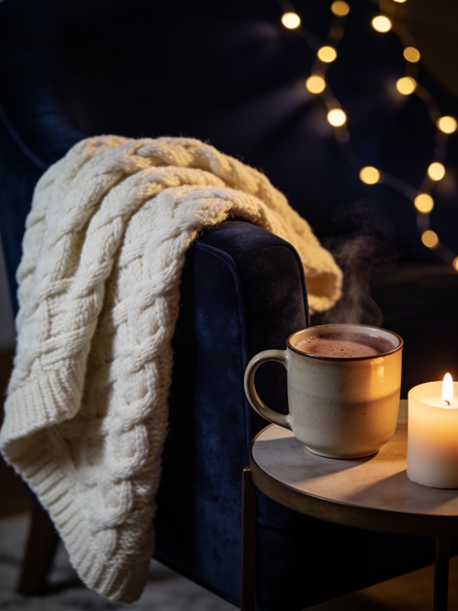 A chunky ivory knit throw over a velvet armchair beside a mug of cocoa and a lit candle