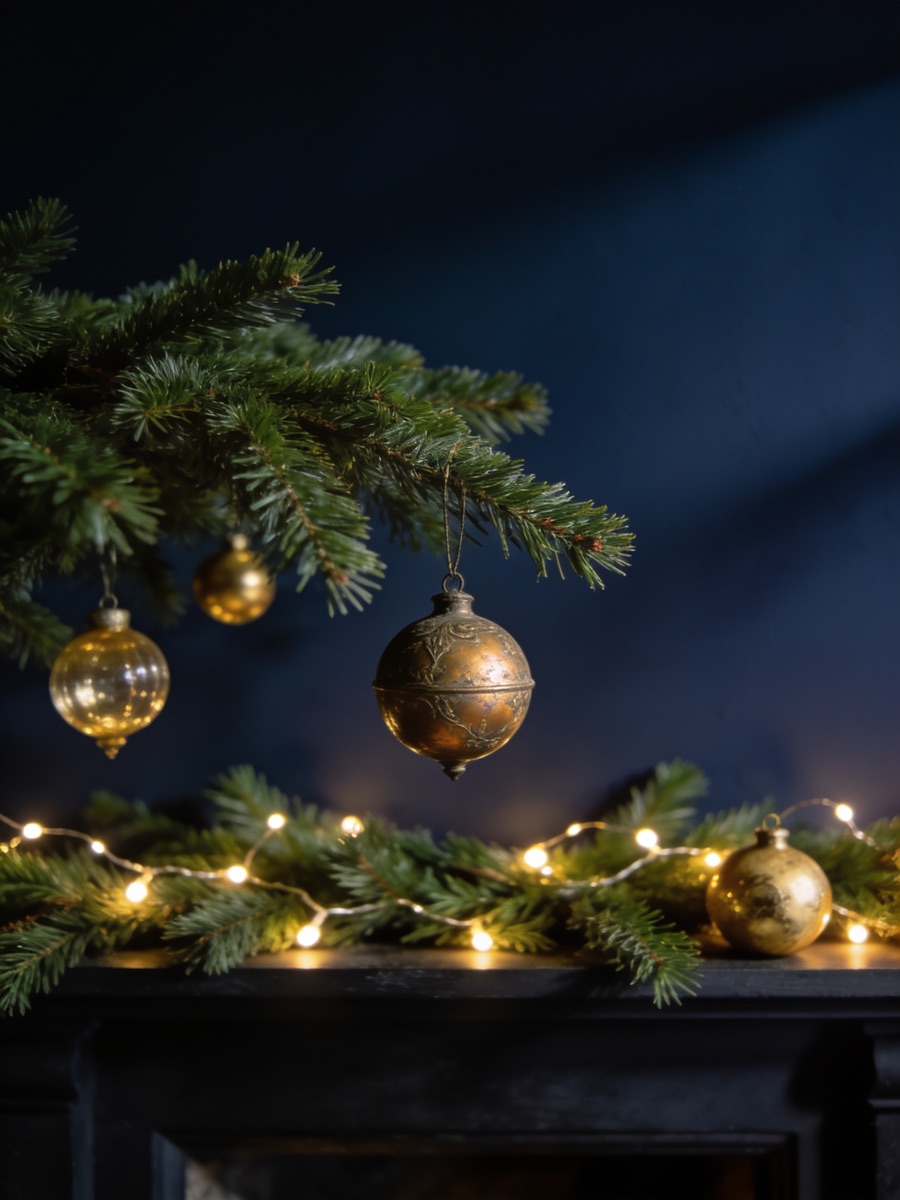 A fir branch with bronze and gold ornaments above a mantel wrapped in warm string lights