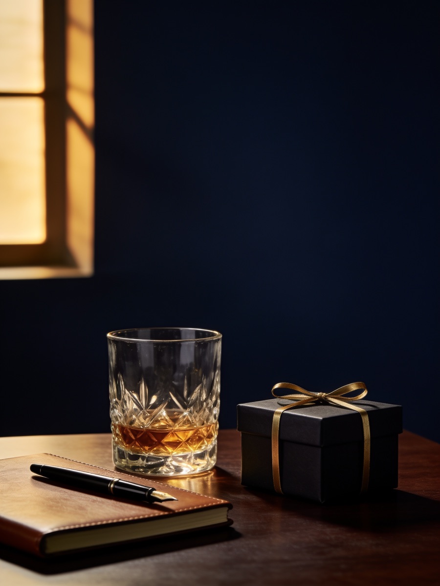 A leather notebook, black pen, crystal tumbler and a dark gift box with a brass ribbon on a walnut desk