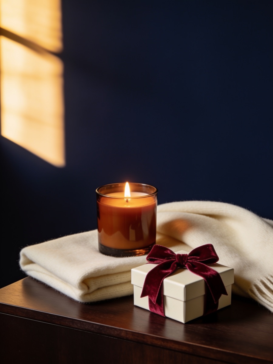 A lit amber candle, a folded cream throw and a small gift box tied with cranberry velvet ribbon