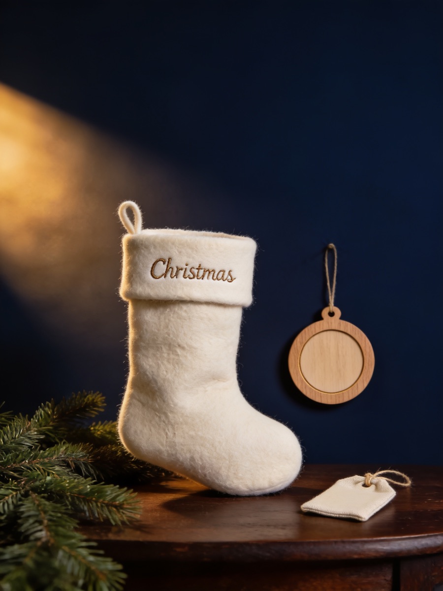 A cream felt Christmas stocking and a wooden ornament beside fir sprigs