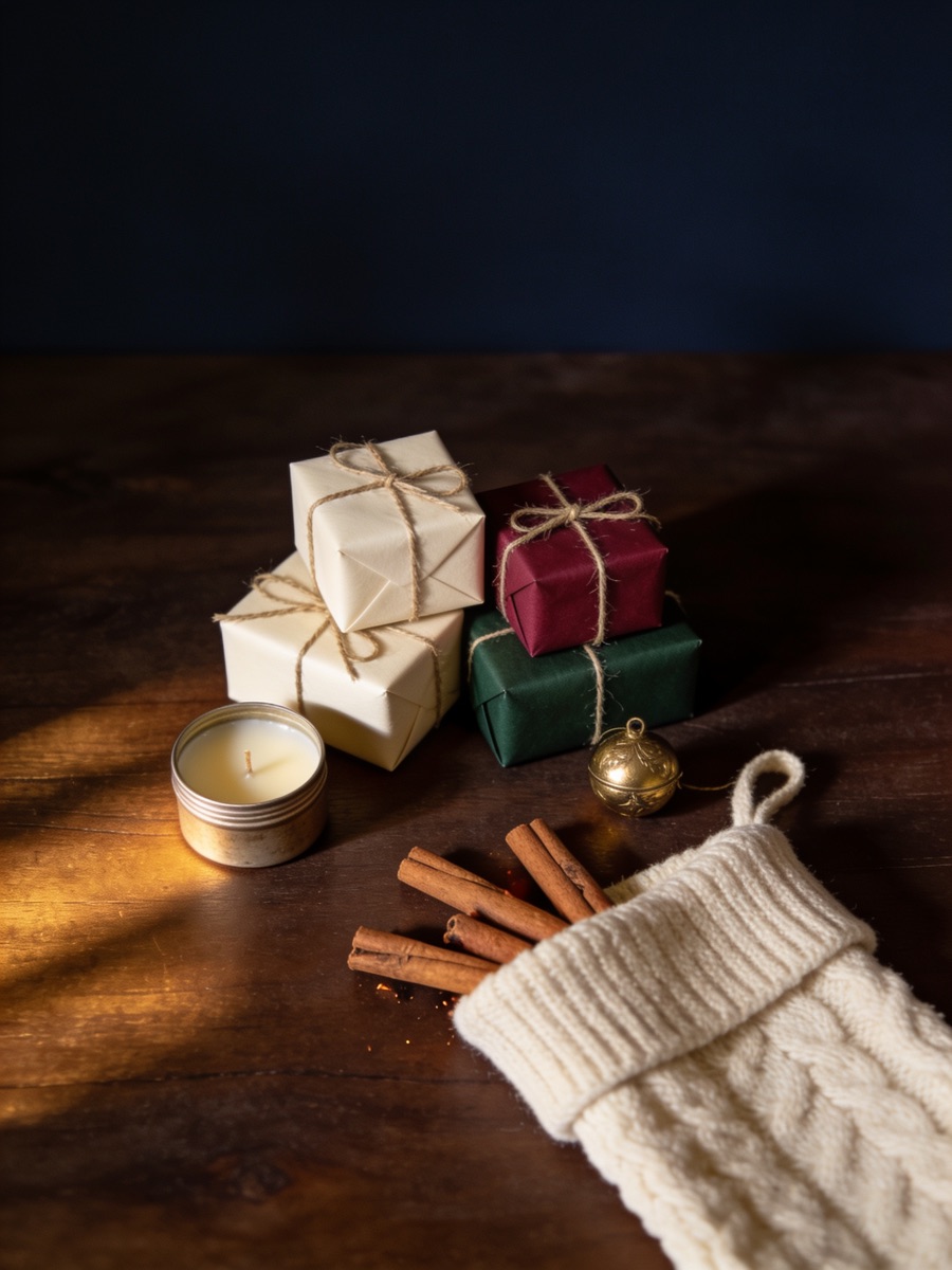Small wrapped presents, a candle tin and cinnamon sticks spilling from a knit stocking